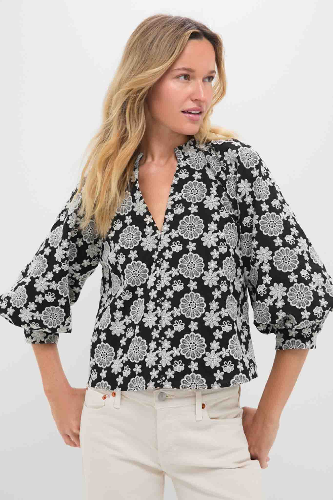 Black & Cream Eyelet Brooklyn Blouse