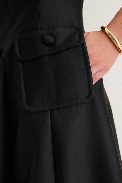 Black Dupioni Helene Midi Dress