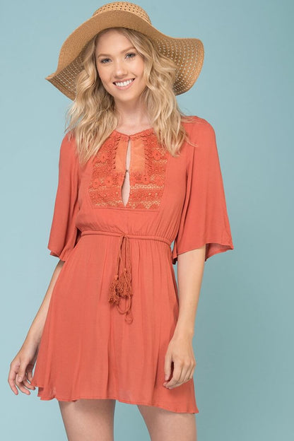 Kayla Tie Waist Crochet Details Dress Rose