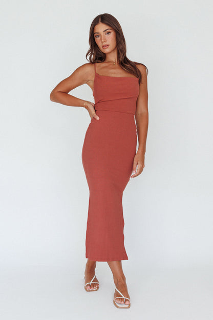 Frieda Cowl Neck Side Split Ribbed Midi Dress Rust