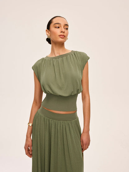 Gathered Waist Top With Flowy Skirt Set
