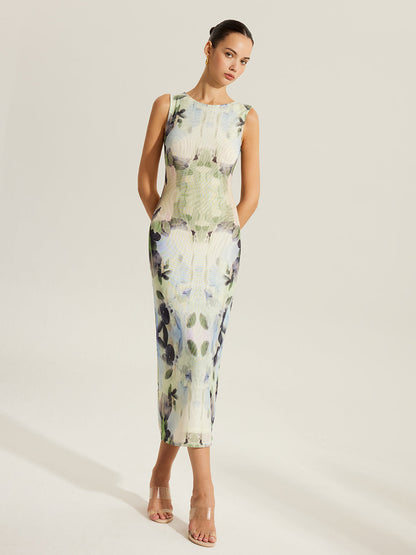 Floral Print Sleeveless Mesh Dress