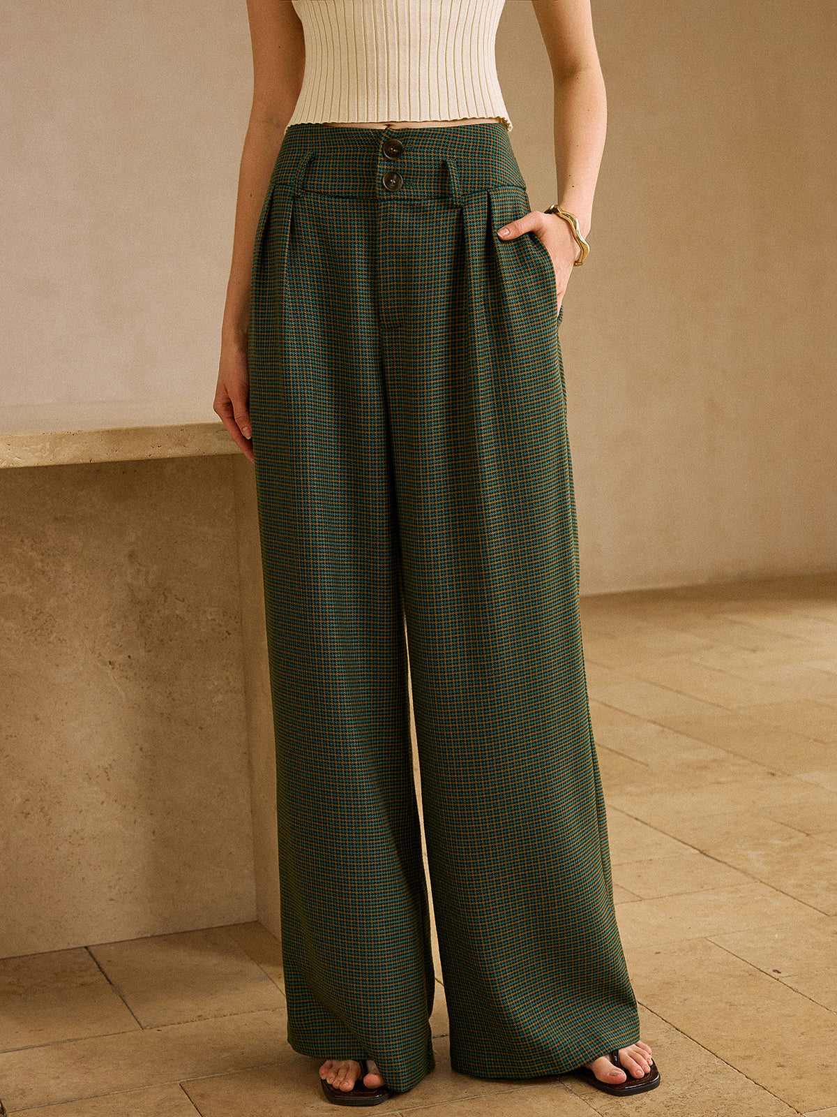 Vintage Plaid High-Waisted Pants with Belt
