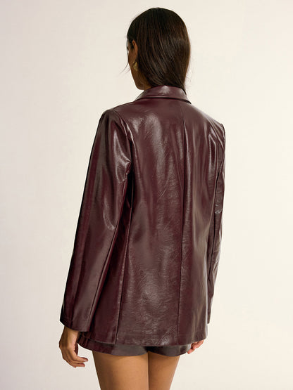 PU Leather Metal Button Lapel Pocket Blazer