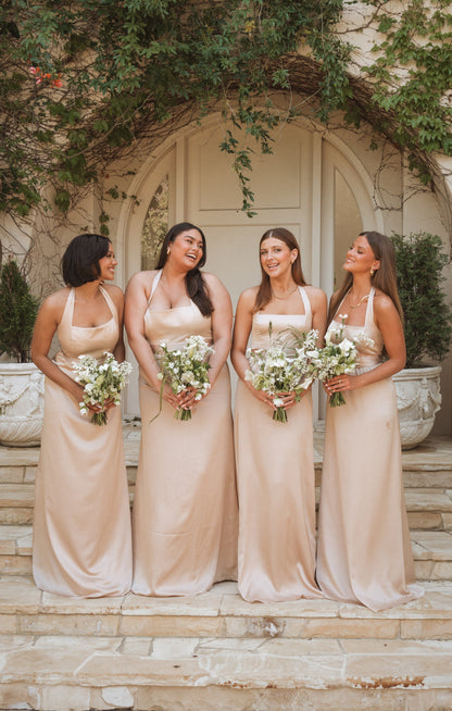 Hazel Halter Maxi Dress ~ Champagne Luxe Satin