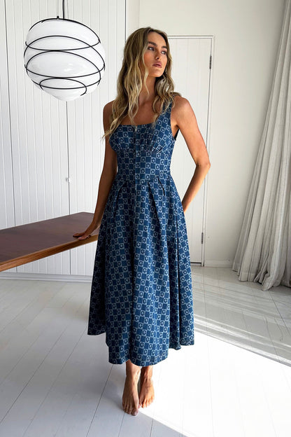 Hair Down Square Neck A-Line Midi Dress Floral Denim