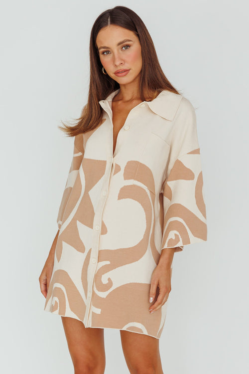Nalani Button Up Knit Shirt Dress Sand/Wood